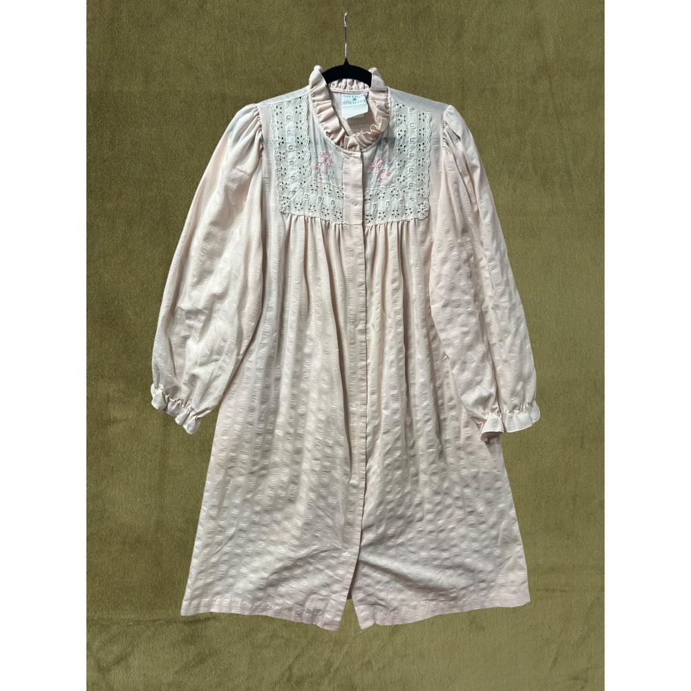 Vintage 80s Gillian O'Malley Pink Seersucker Eyelet Floral Nightgown L